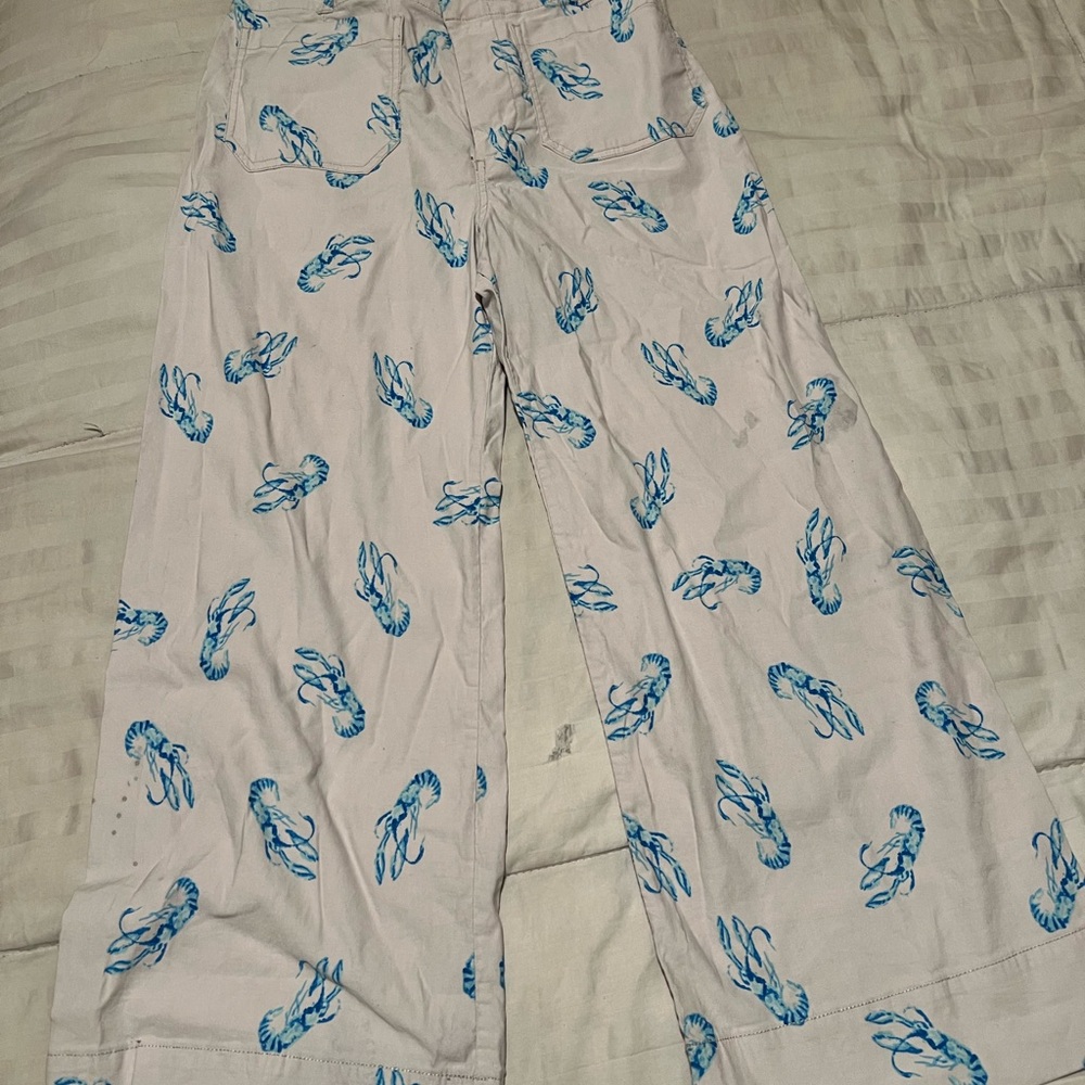 Anthropologie Cream Pants with Blue Lobster Design , super comfy and cute - Picture 2 of 4